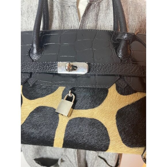 Womens Shoulder HandBag Brown Cowhide Hair Croc Embossed Leather Made In Italy - Picture 6 of 16